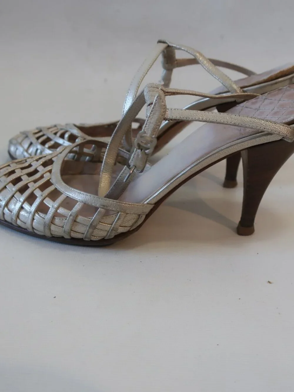 Women Chanel Metallic Champagne Fishnet Leather Ankle Strap Heels 38 EUR/US 8 - Picture 9 of 13